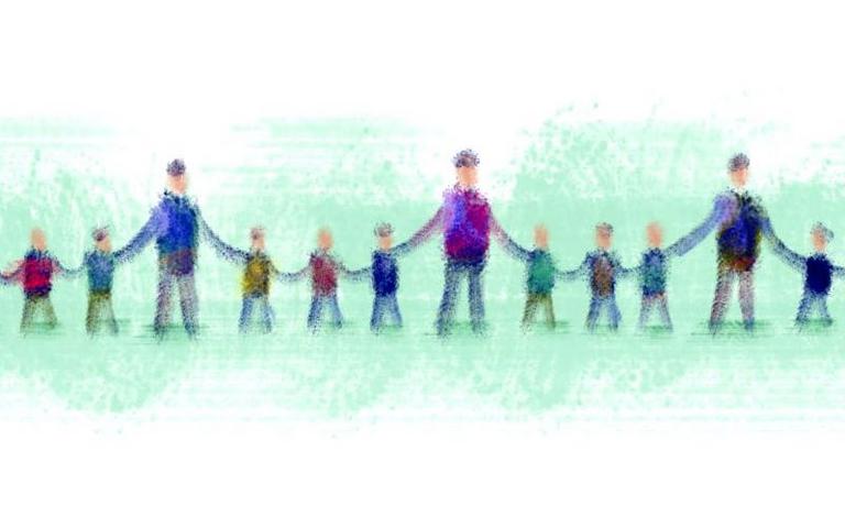 Illustration af pædagoger, der holder børn i hænderne