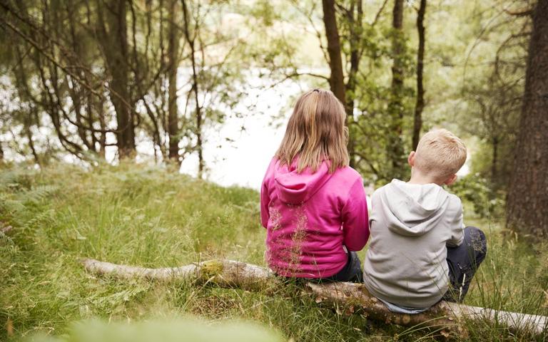 To børn sidder på væltet træ i skoven