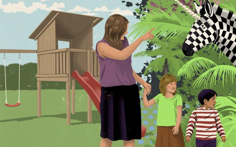 Illustration af mor, der viser sine to børn rundt i et landskab, hvor en zebra med horn i panden står