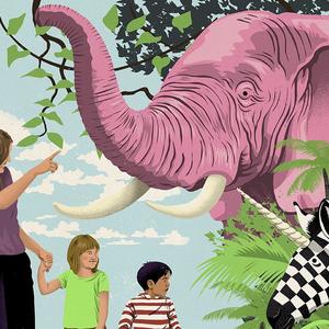 Fantasifuld illustration af kvinde, der viser børn lyserød elefant og enhjørning
