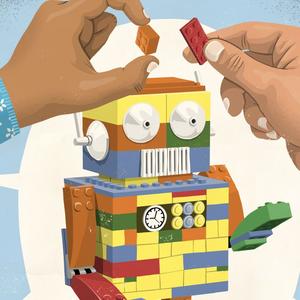 Illustration af børn, der bygger robot af klodser