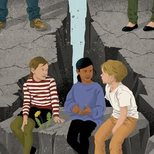 Illustration af tre børn, der sidder på klippe i en kløft mellem far og mor