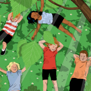Illustration af børn, der ligger i græsset