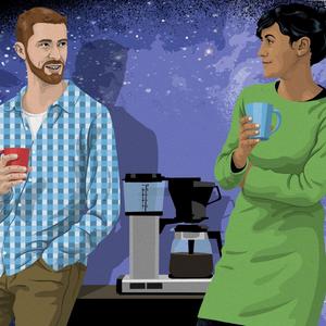 Illustration af mand og kvinde, der står ved kaffemaskine