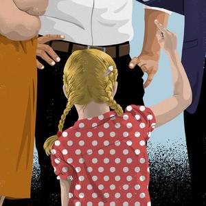 Illustration af pige med hånden i vejret, der er så lille, at voksne ikke ser hende.