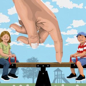 Illustration af to børn på en vippe