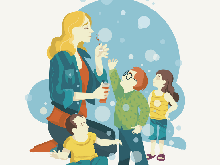 Illustration af kvinde der blæser sæbebobler med børn