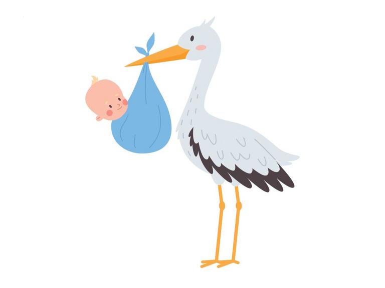 tegning af stork, der kommer med baby