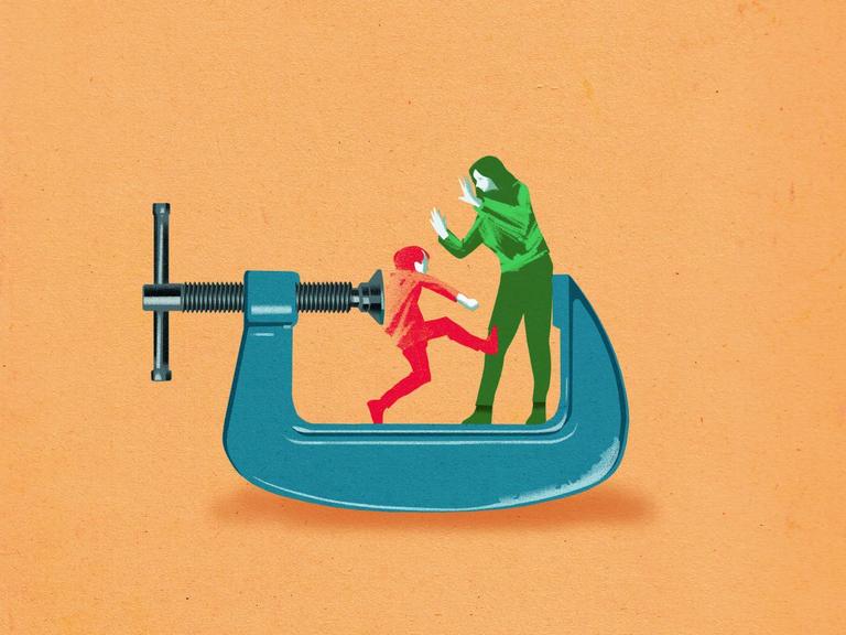 Illustration af barn og pædagog presset af skruetvinge