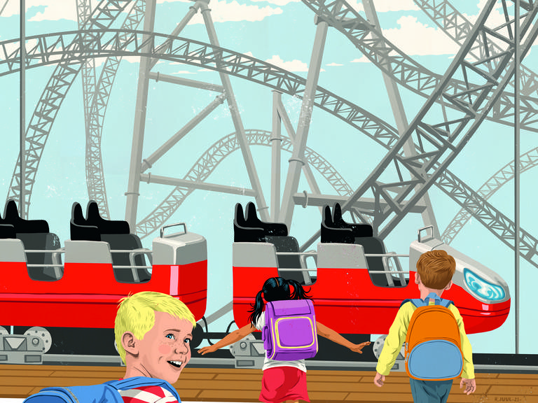 illustration af Rasmus Juul om skolestarten som en følelsesmæssig rutsjetur