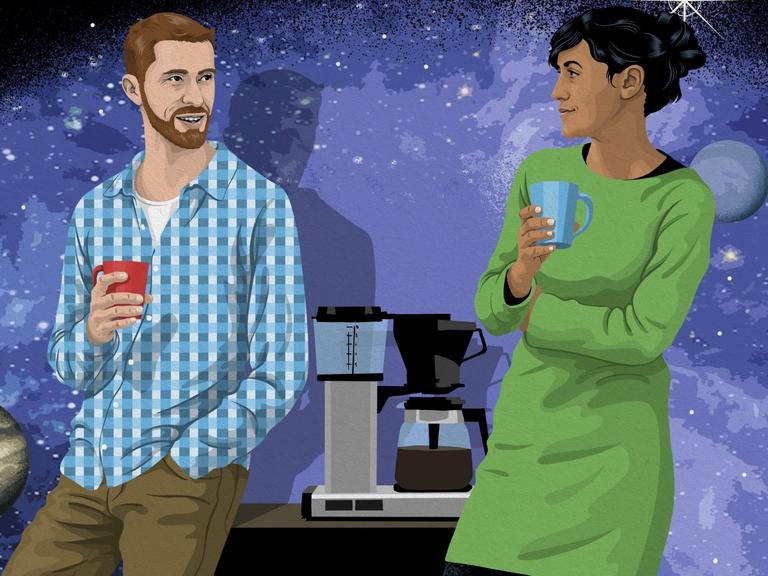 Illustration af mand og kvinde, der står ved kaffemaskine