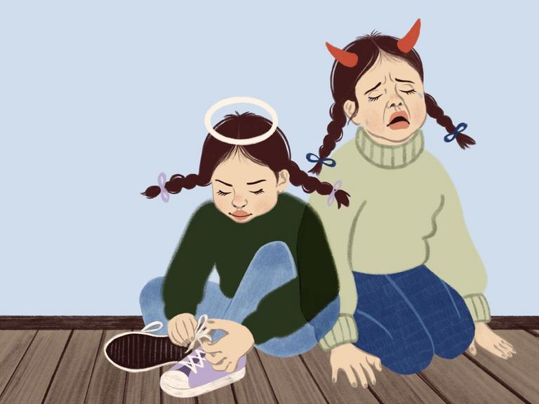 Illustration af den samme pige som engel og djævel