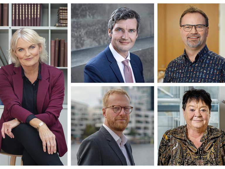 Morten Skov Christiansen, formand for Fagbevægelsens Hovedorganisation (FH), Mona Striib, forbundsformand for FOA, Elisa Rimpler, formand for BUPL, Mads Samsing, formand for HK, og Gordon Ørskov Madsen, formand for Danmarks Lærerforening