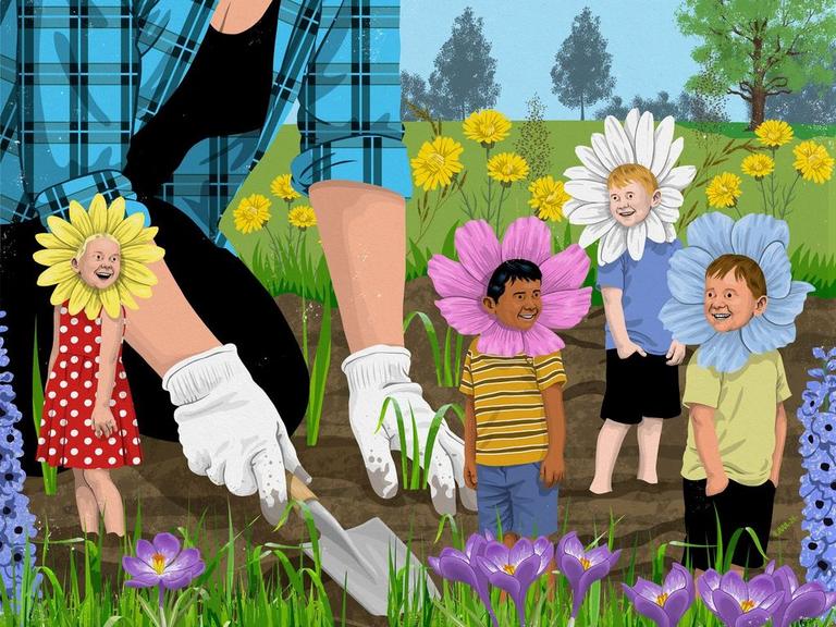 Illustration af pædagoger, der vander blomsterbørn
