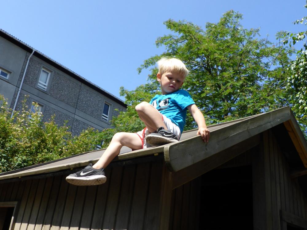 Dreng på taget af legehus