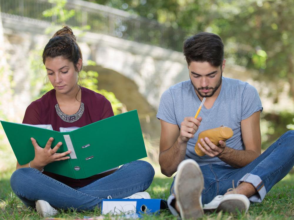 To studerende sidder i græsset og læser