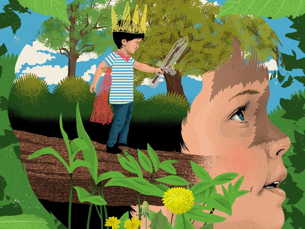 Illustration af et barn i en skov, som forestiller sig, at han er en ridder