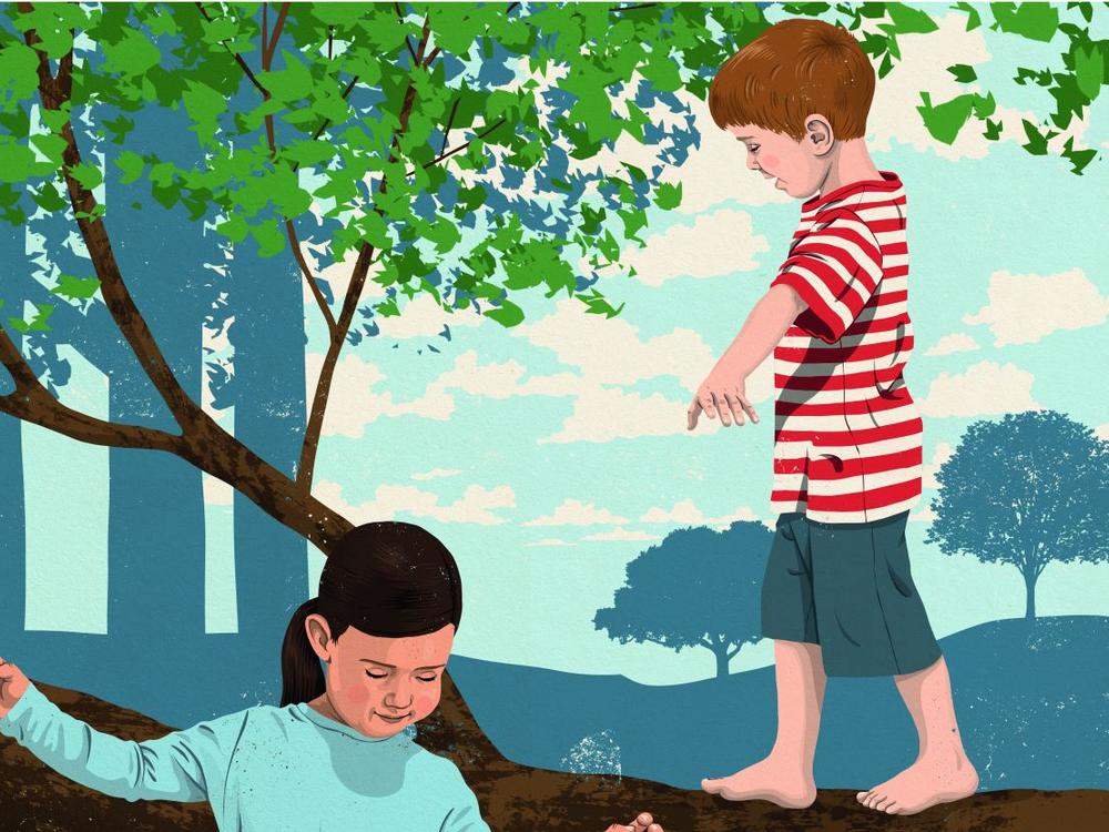 Illustration af dreng der går balance på gren