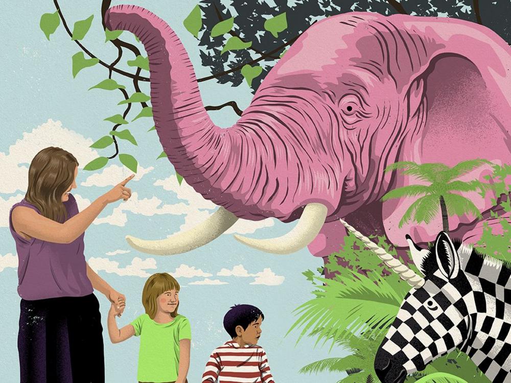 Fantasifuld illustration af kvinde, der viser børn lyserød elefant og enhjørning