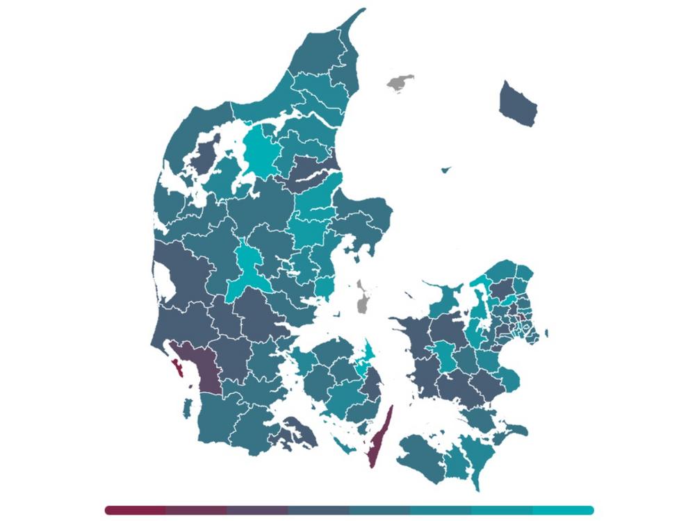 kommuneopdelt danmarkskort med stemmeprocenter ved OK24