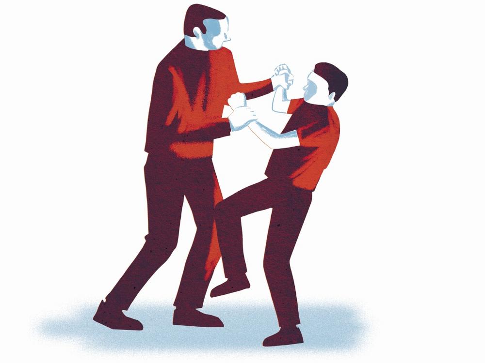Illustration af barn og mand i fysisk konfrontation