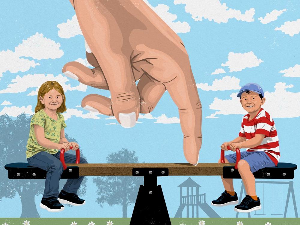 Illustration af to børn på en vippe