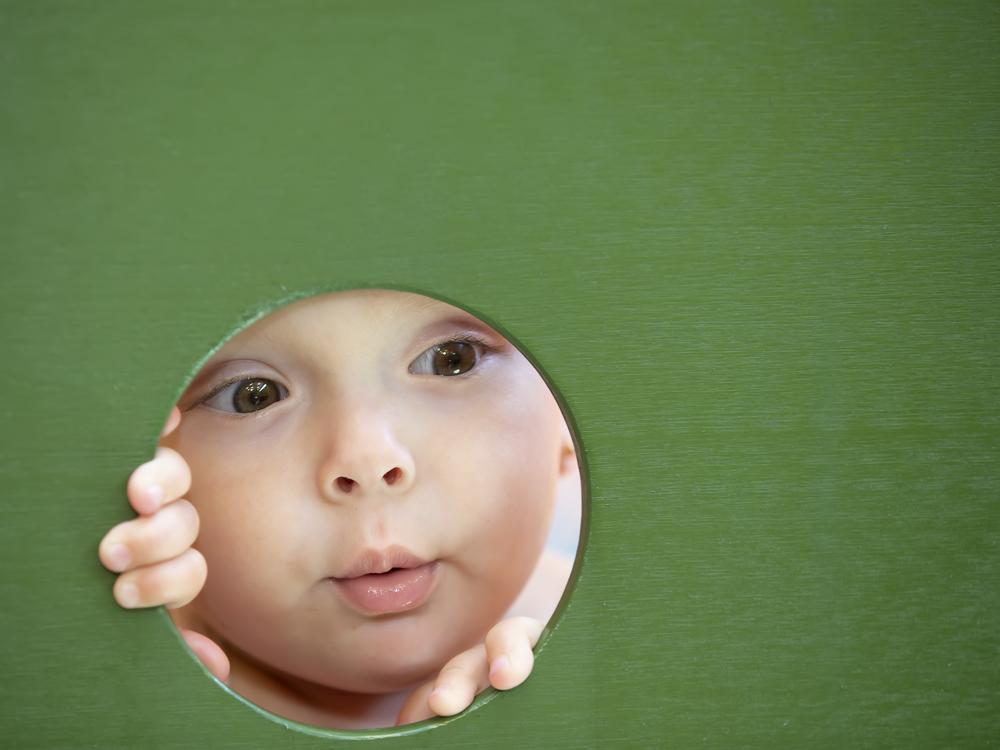 lille barn med brune øjne kigger ud gennem hul i grøn væg