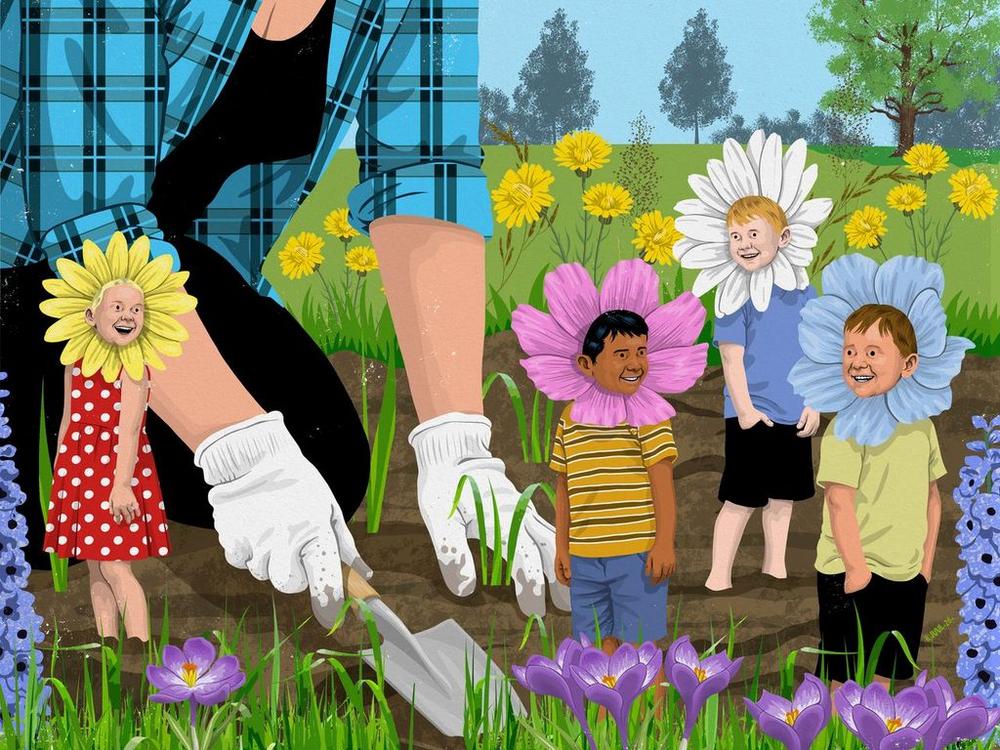 Illustration af pædagoger, der vander blomsterbørn