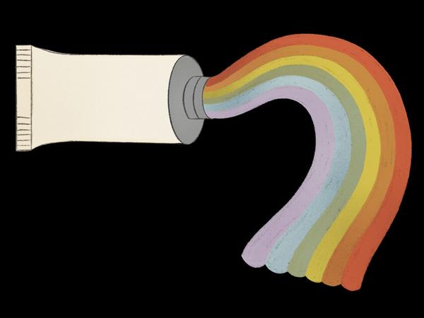 Illustration af tube med regnbuefarvet indhold